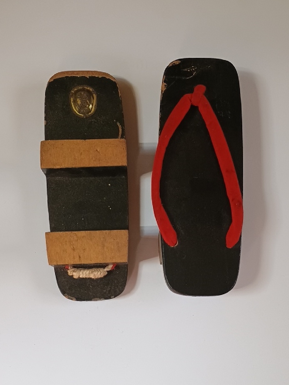 Black Wooden Geta Sandals with Red Thong Straps Vintage